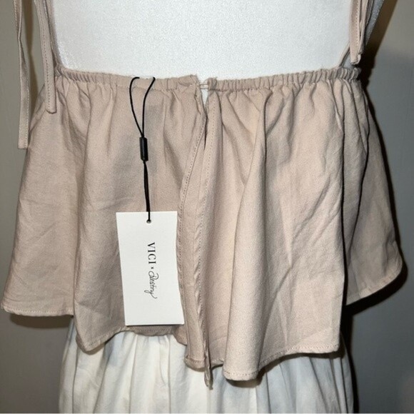 NWT VICI x Destiny Tan Blue White Colorblock Boho Ruffled Tiered Maxi Dress S - Picture 4 of 13